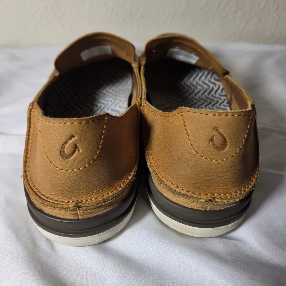 OluKai Kakaha Mens Leather Slip On Shoes Tan Brown Loafers 10490-FXFX Size 12